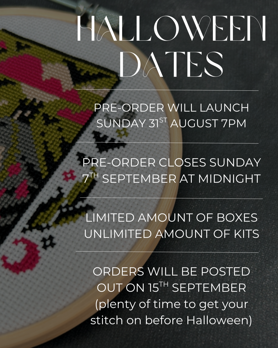 Halloween-themed cross-stitch kit with text about pre-order dates on a dark background