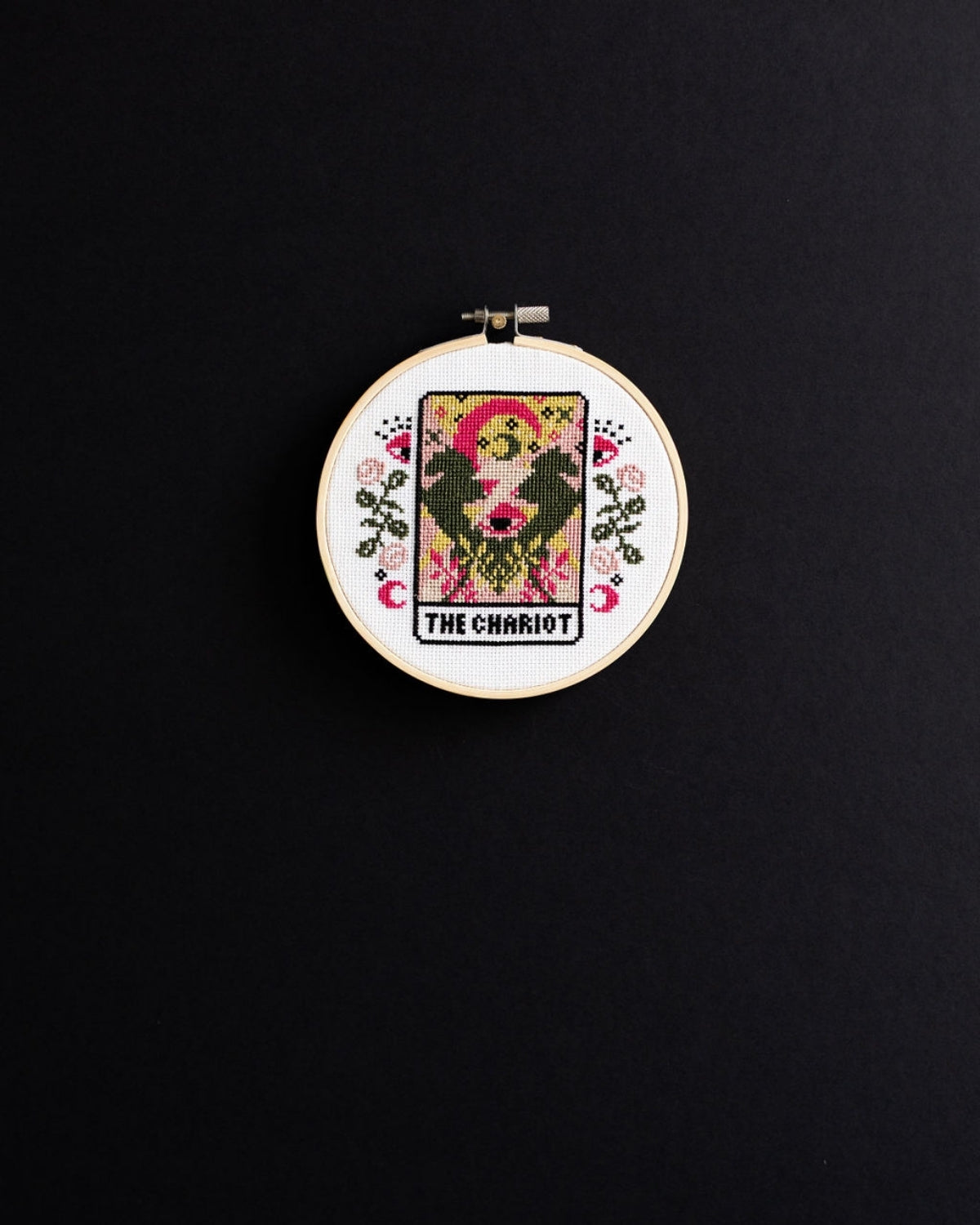 chariot tarot cross stitch design on a black background