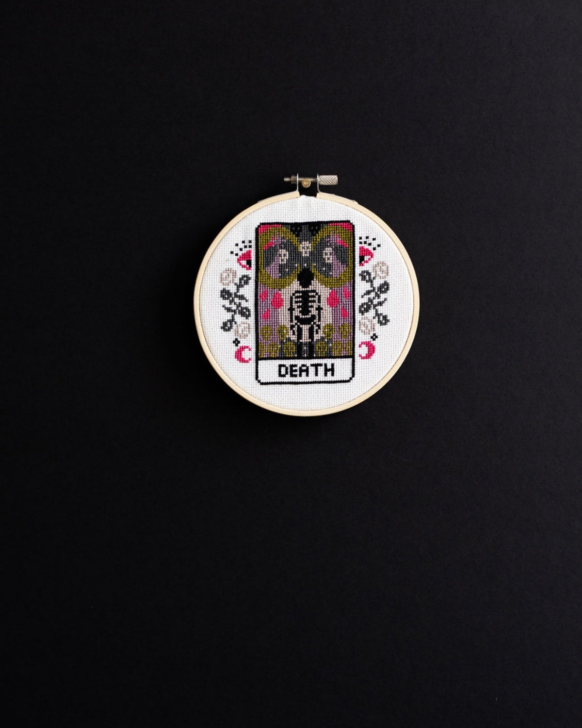 death tarot cross stitch design on a black background