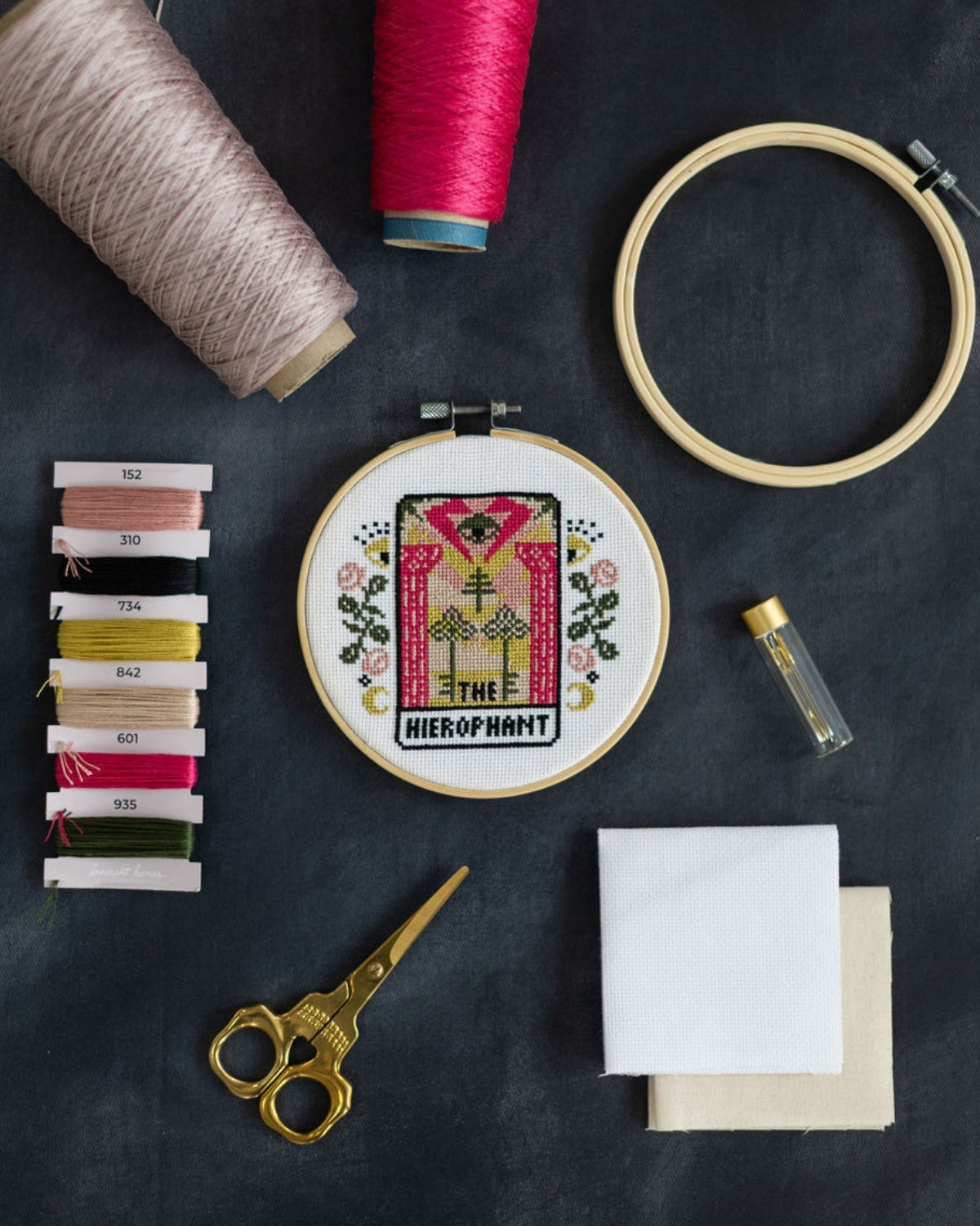 hierophant tarot cross stitch design with accessories