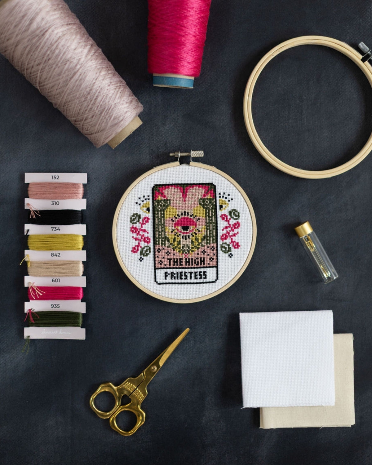 high priestess tarot cross stitch design with accessories