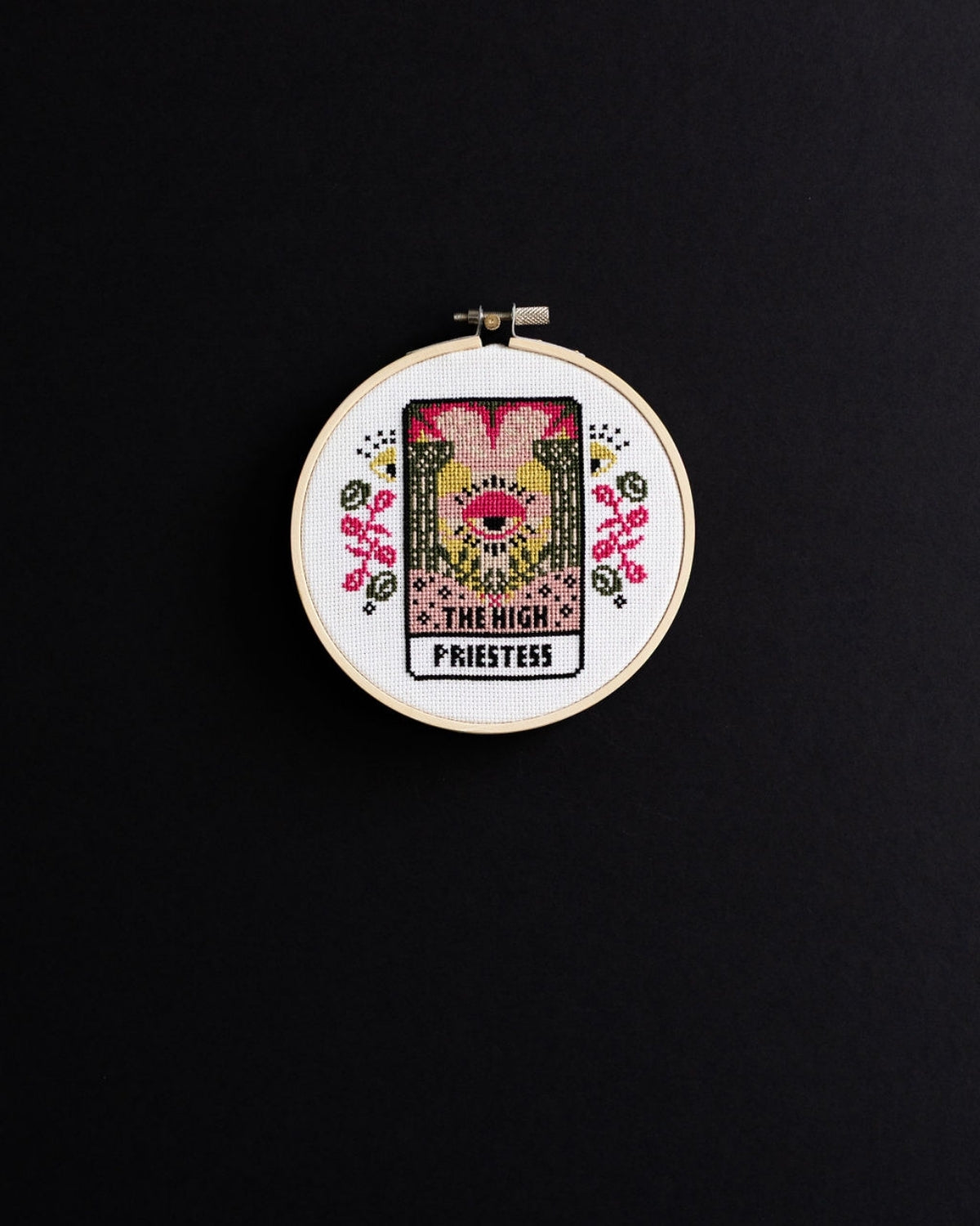 high priestess tarot cross stitch design on a black background