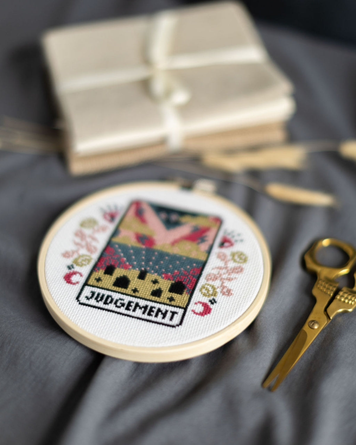 judgement tarot cross stitch design close up