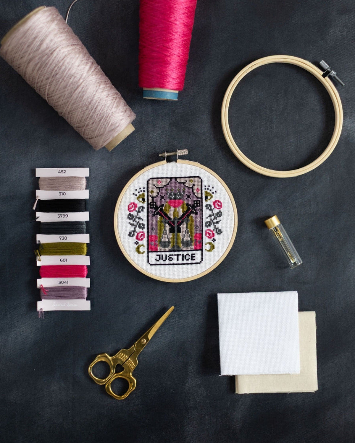 justice tarot cross stitch design with accessories