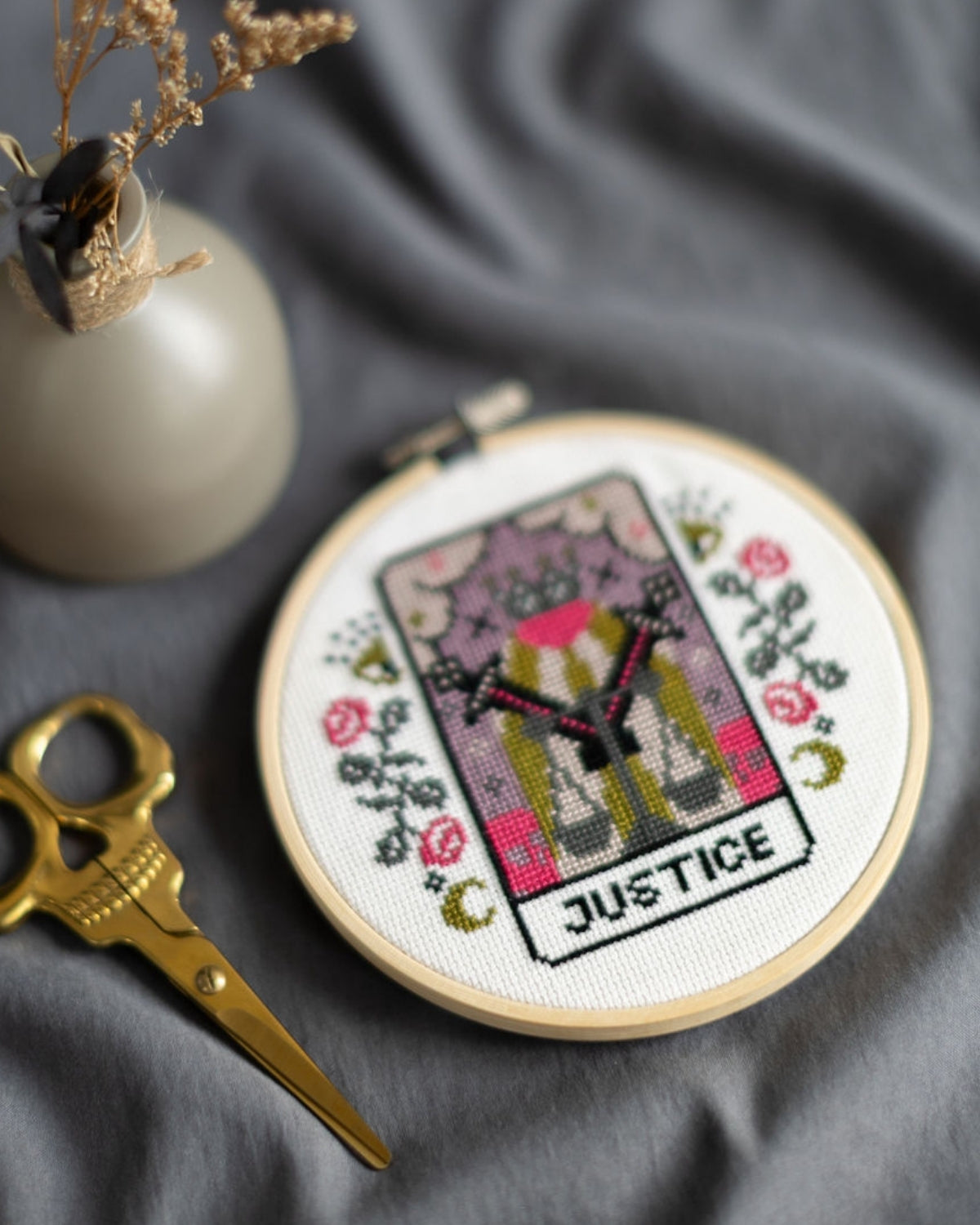 justice tarot cross stitch design close up