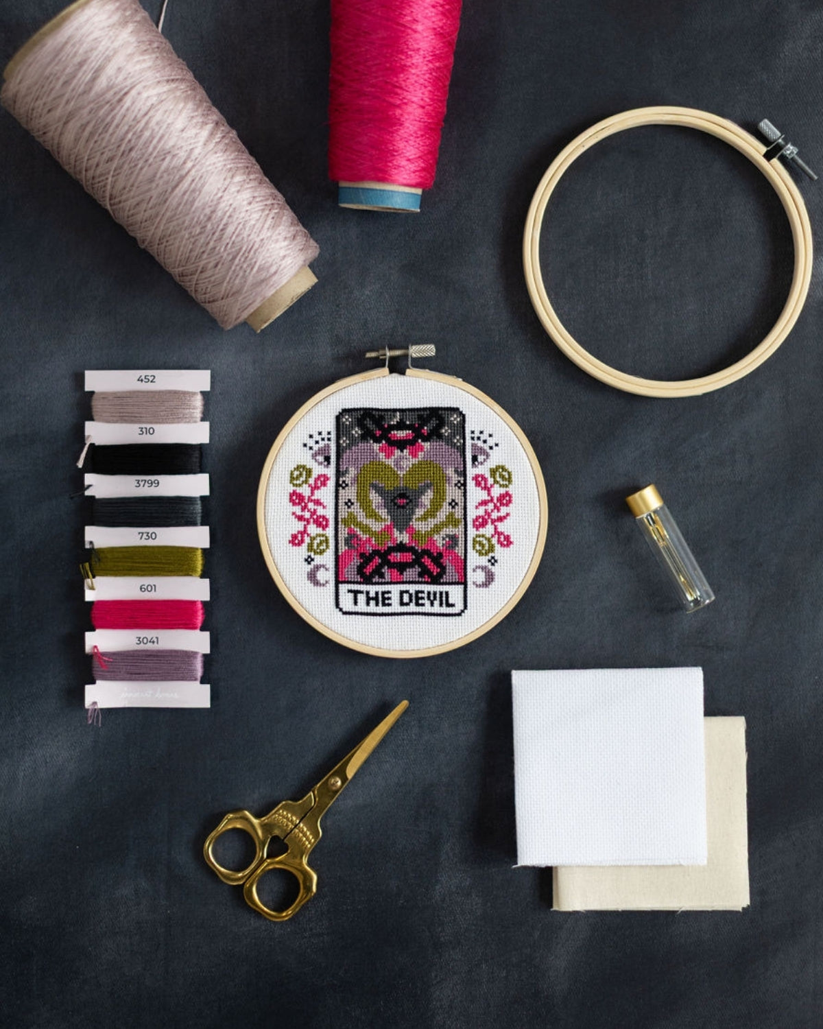 The devil tarot cross stitch design with accessories