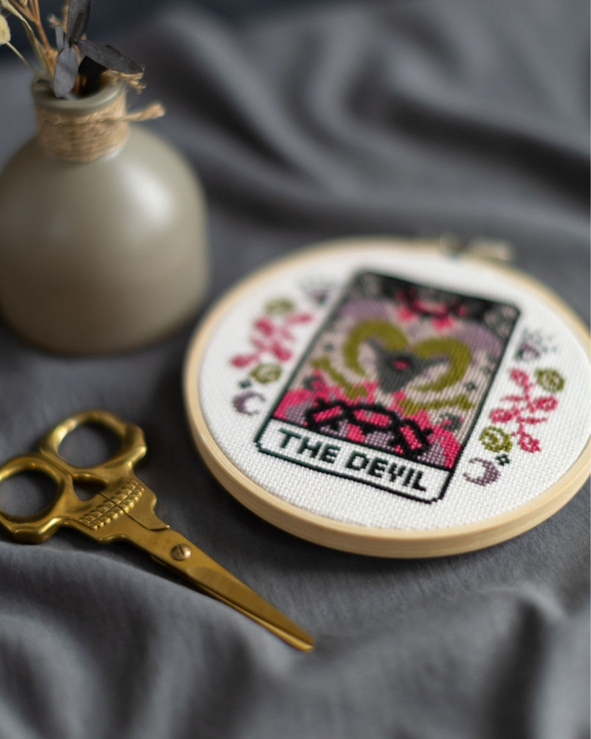 The devil tarot cross stitch design close up