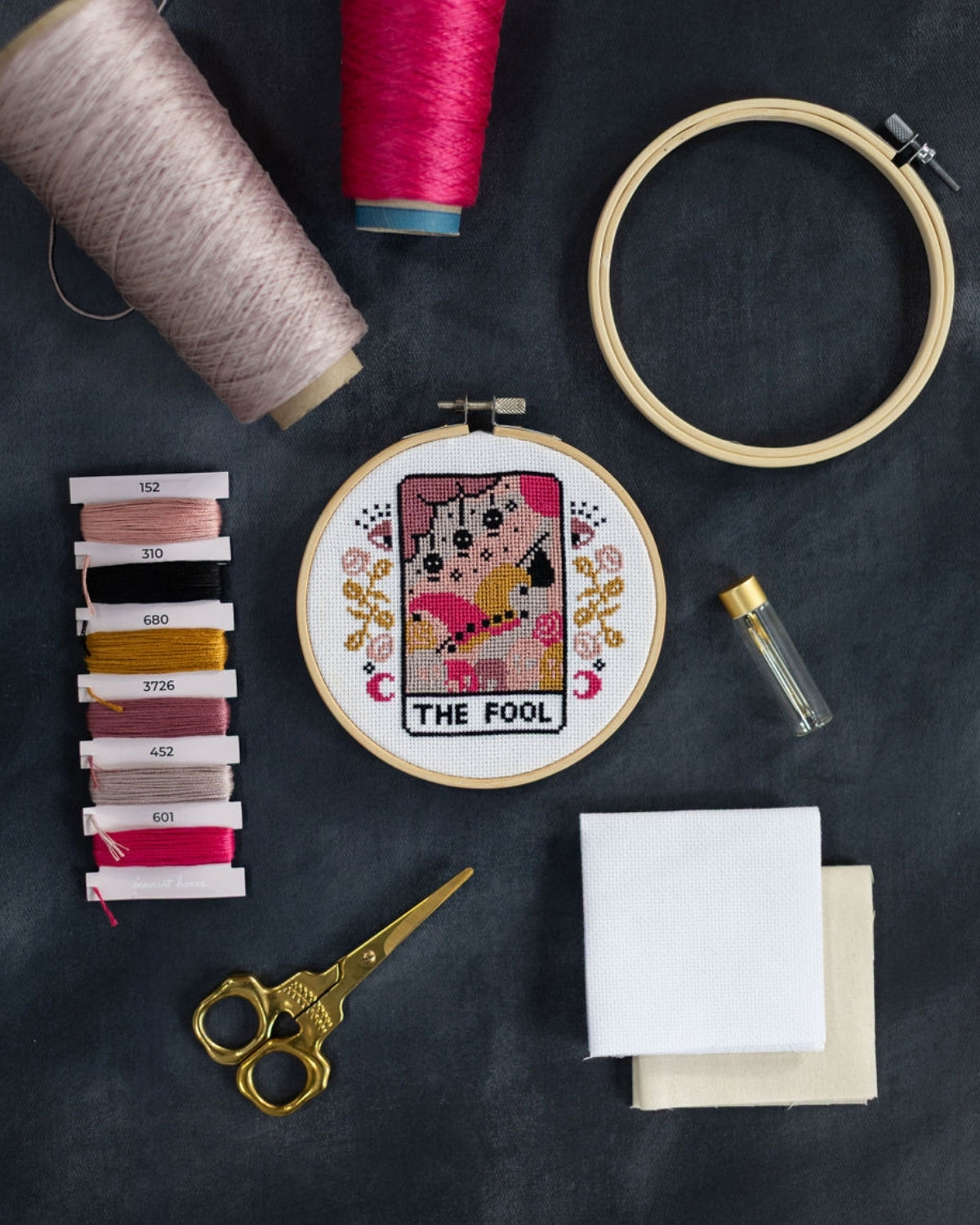 The fool tarot cross stitch design with accessories