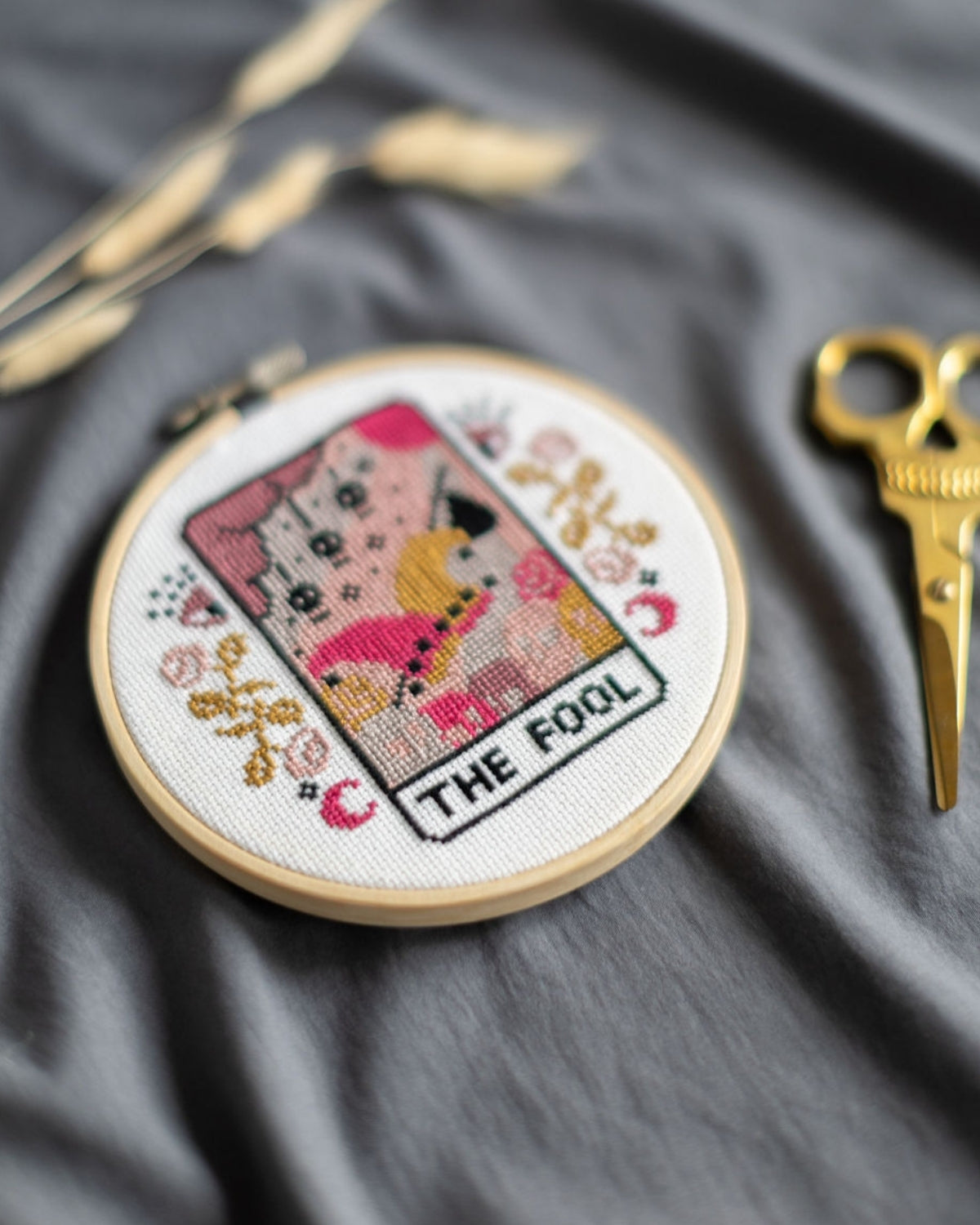 The moon tarot cross stitch design close up