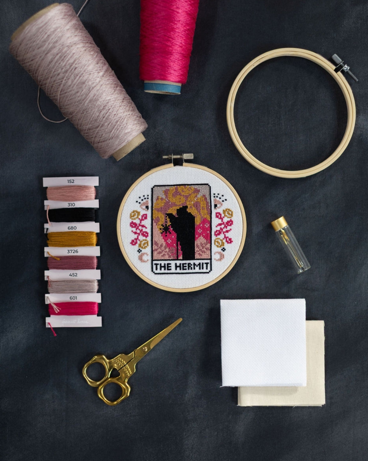 The hermit tarot cross stitch design with accessories