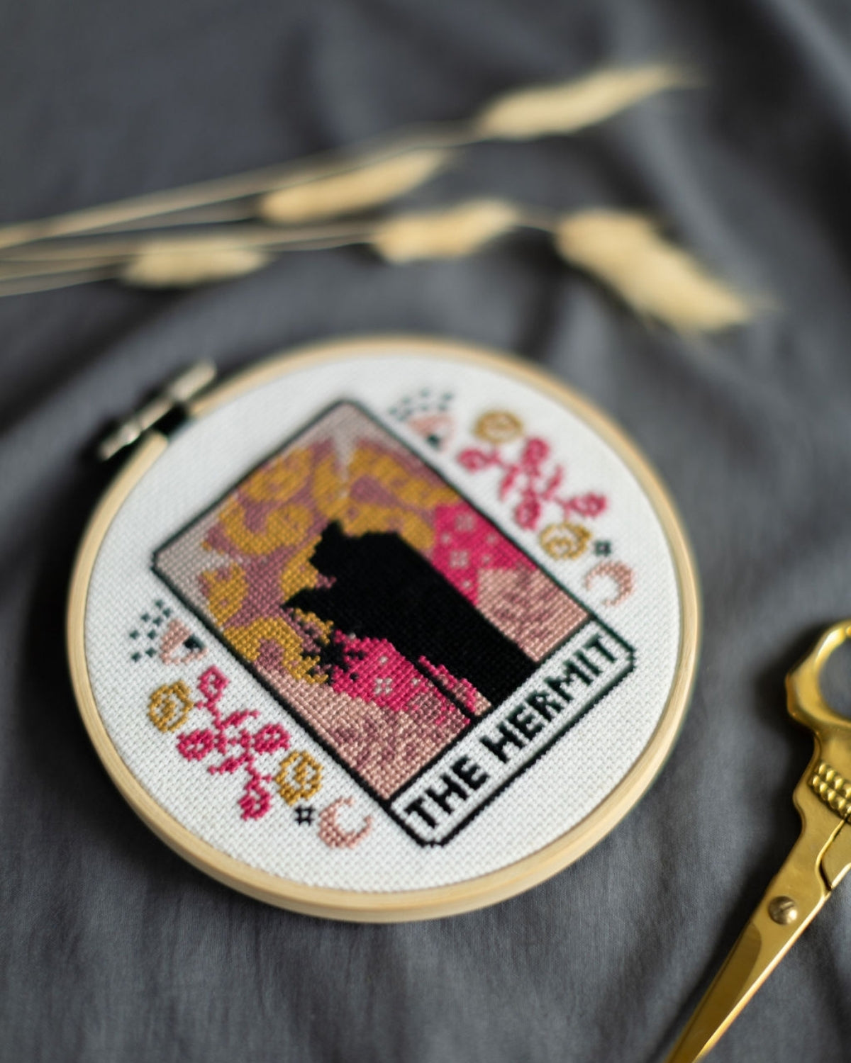 The hermit tarot cross stitch design close up