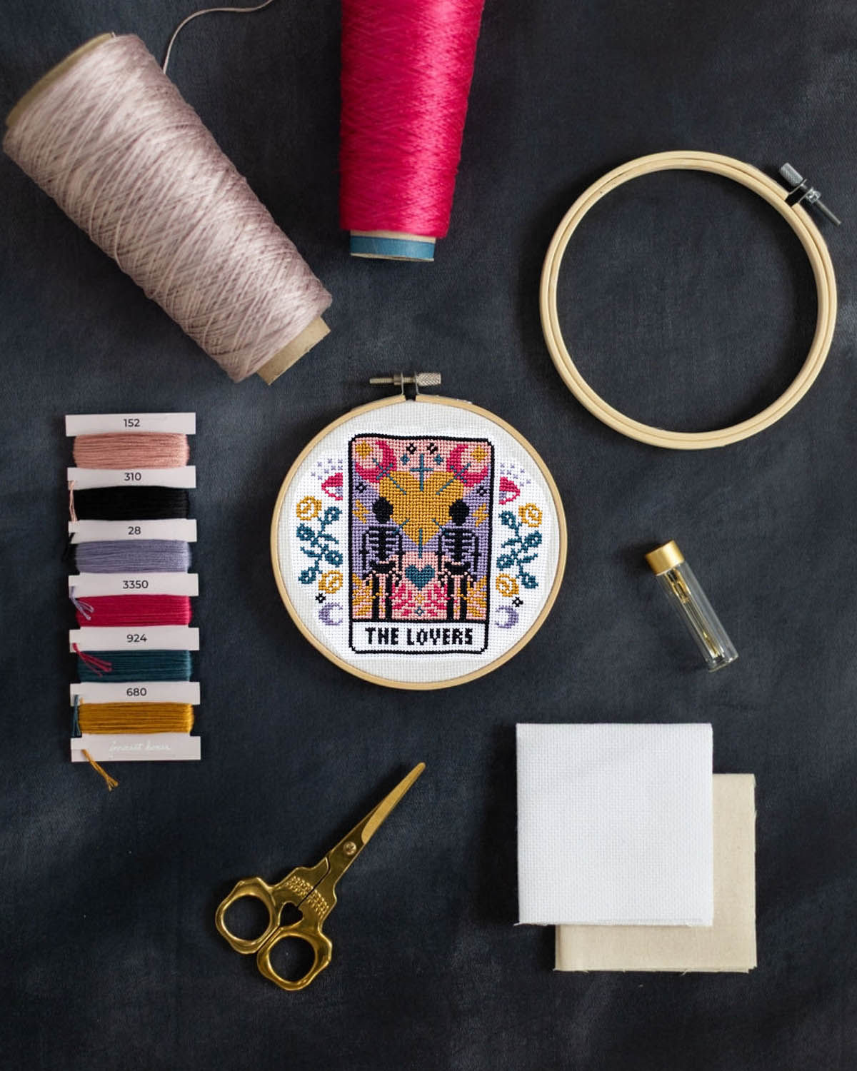 The lovers tarot cross stitch design with accessories