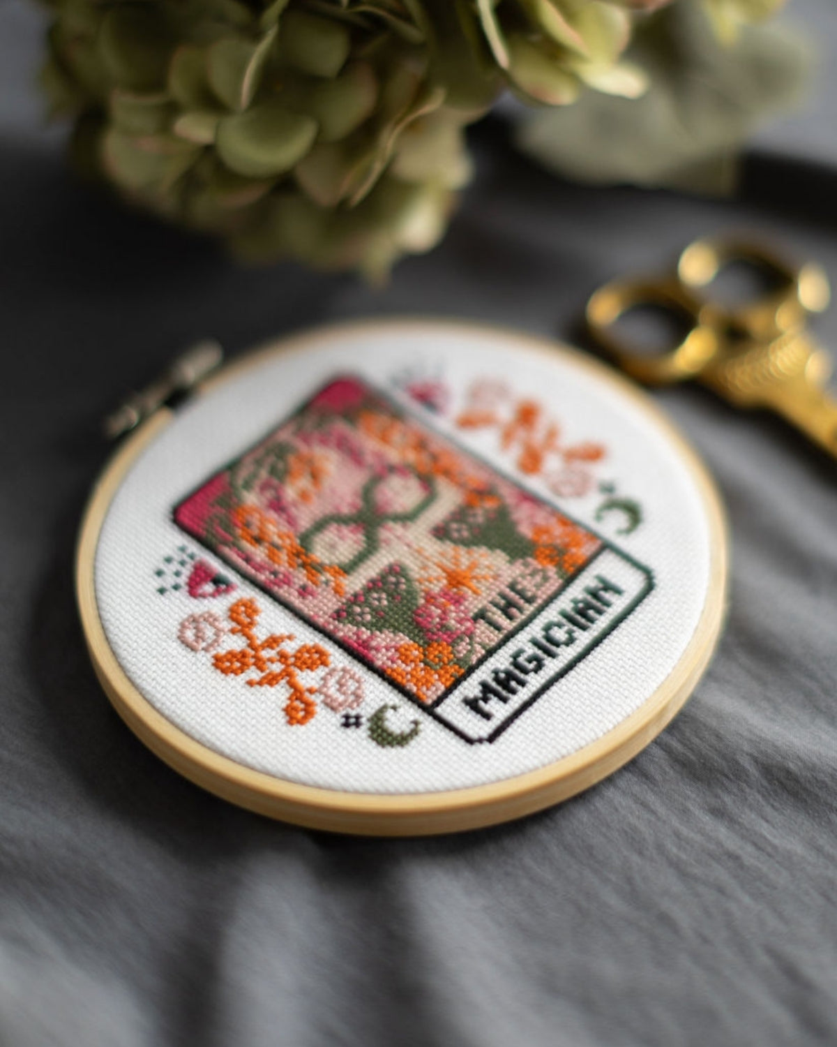 The magician tarot cross stitch design close up