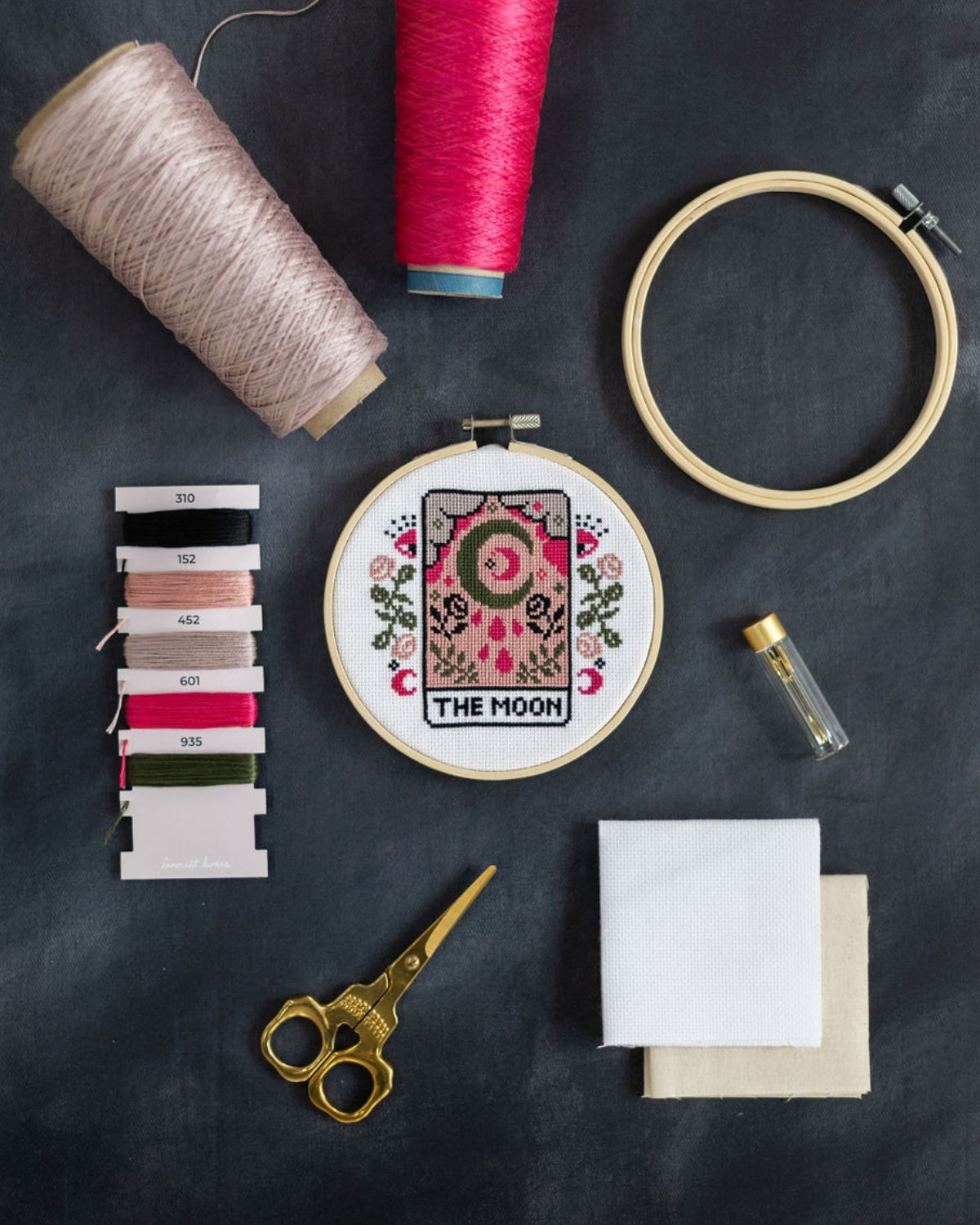 The moon tarot cross stitch design with accessories