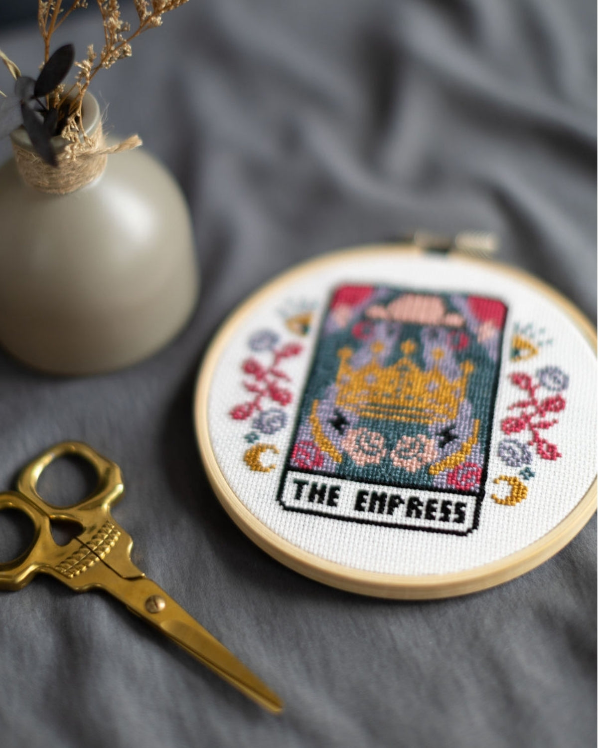 The moon tarot cross stitch design close up