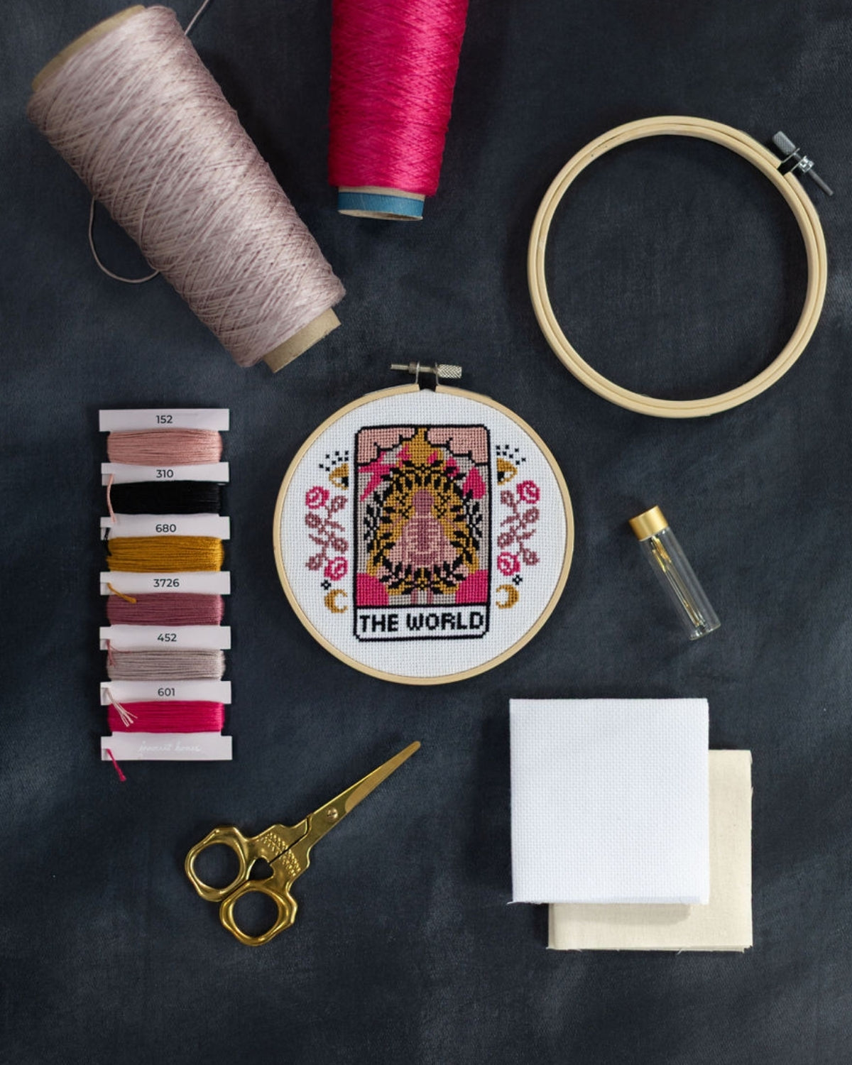 The world tarot cross stitch design with accessories