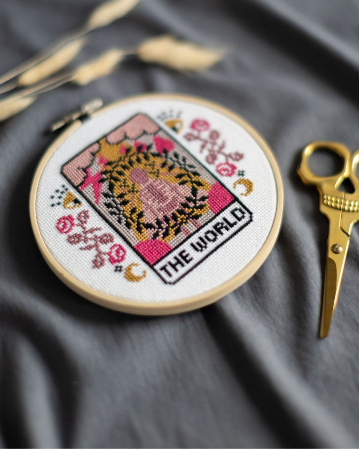 The world tarot cross stitch design close up