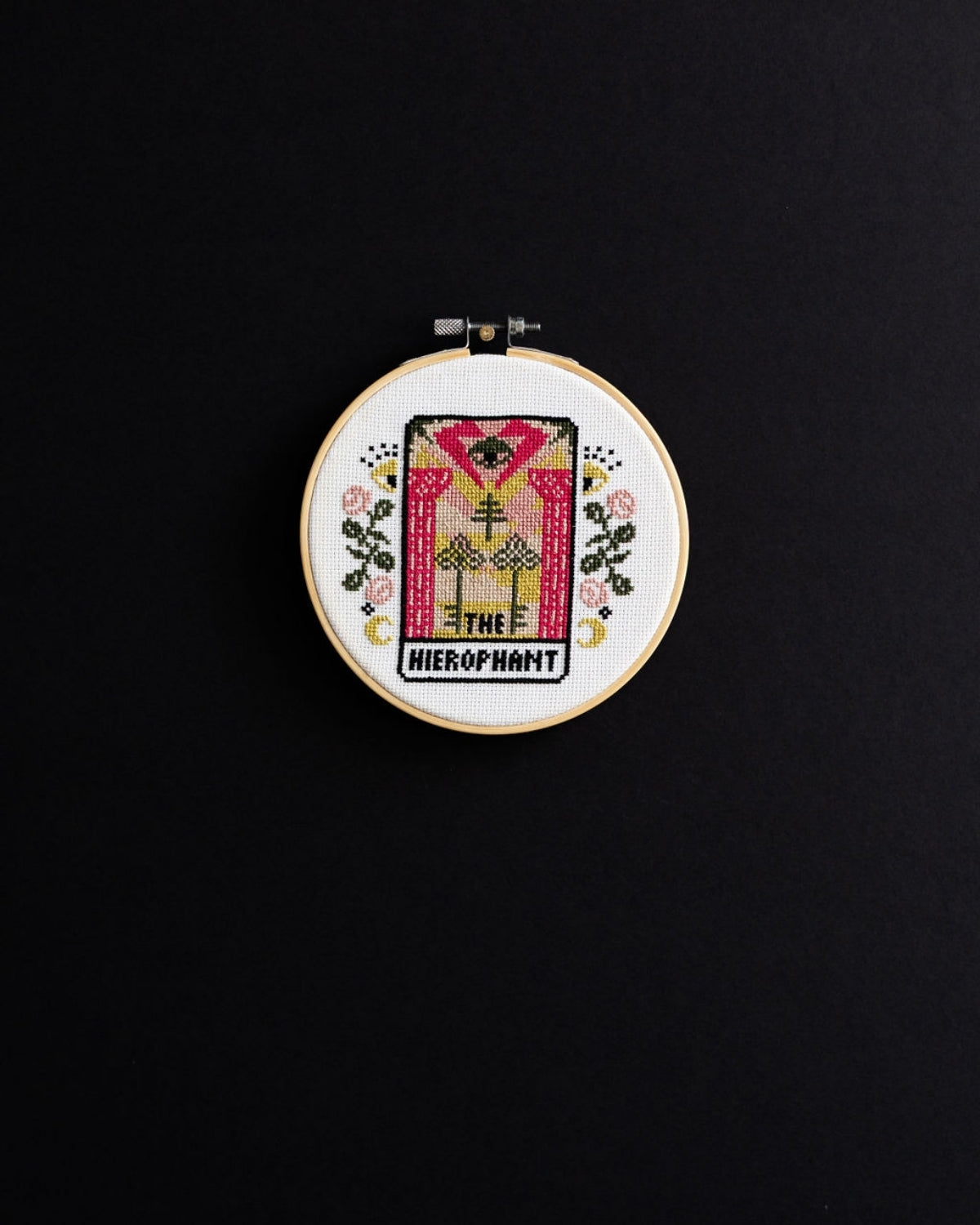 hierophant tarot cross stitch design on a black background